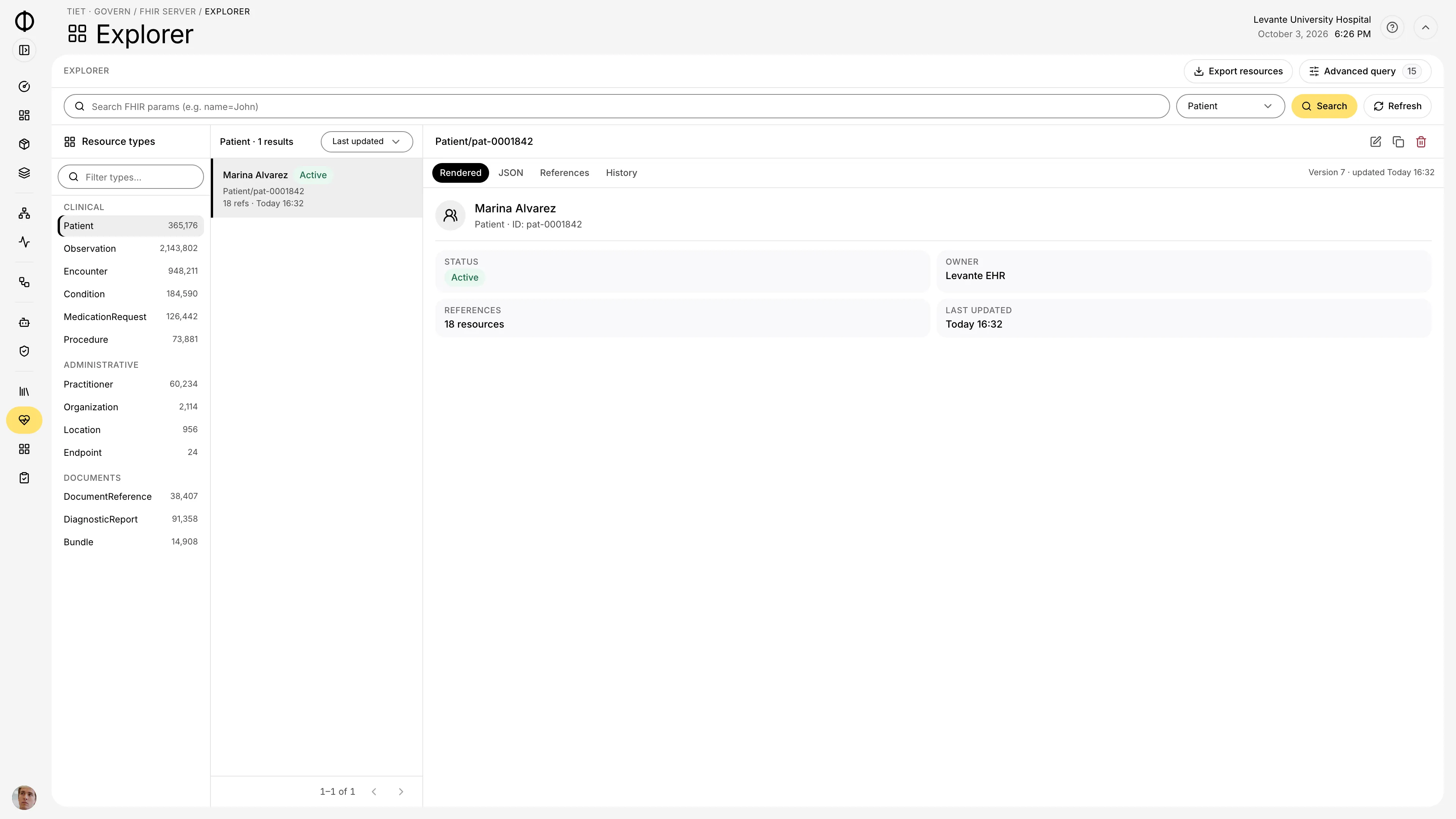Tiet · Govern FHIR explorer showing a patient's resources