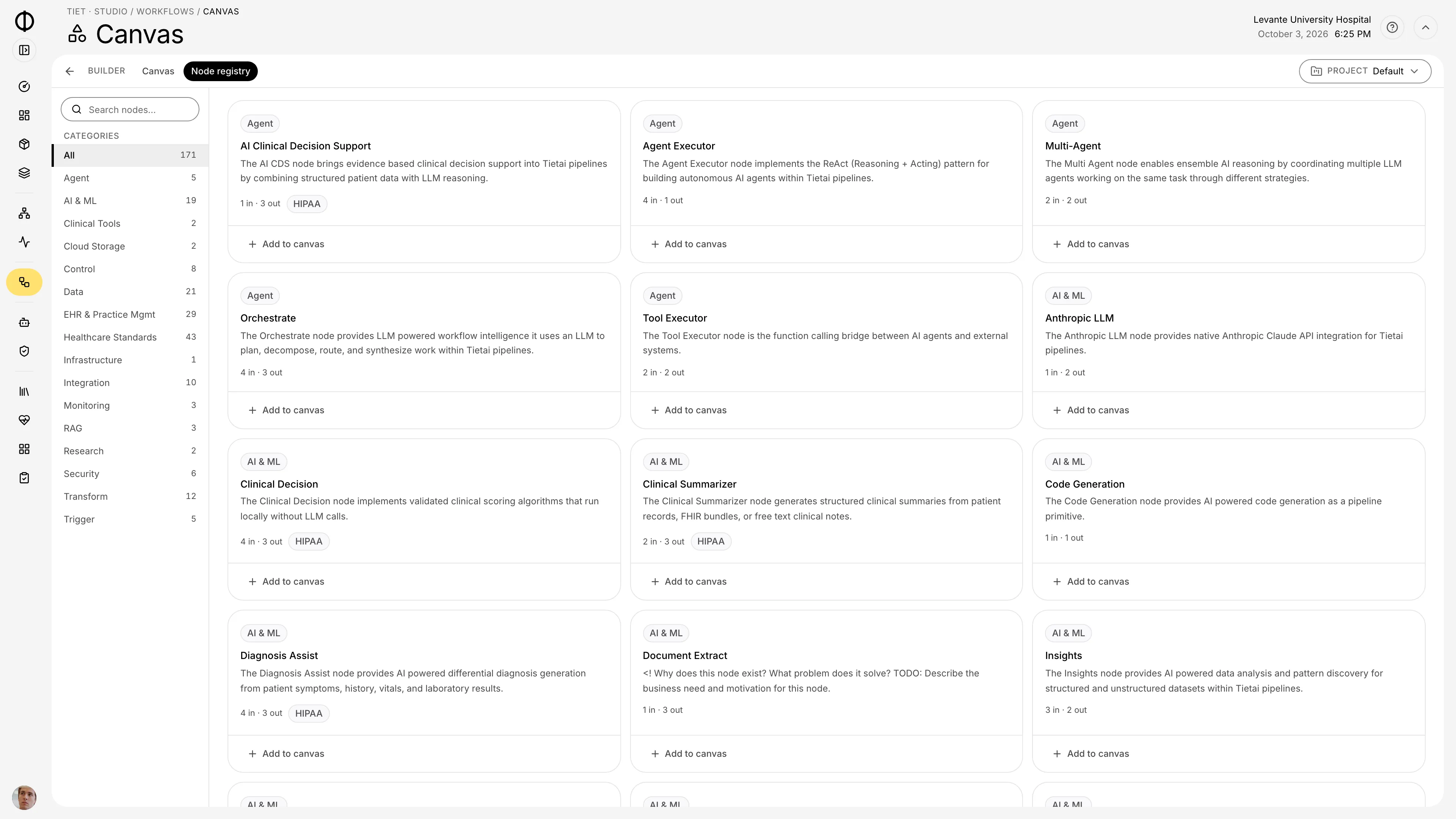Tiet · Studio node registry with workflow node types by category